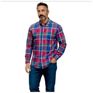 Embassy Row Men’s Button-Down Shirt. Burnt Orange, Red, Blue, Green. Size Large